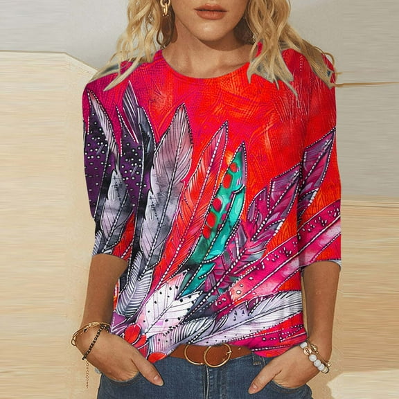 Sakmal Red Womens Tops Plus Size 3/4 Sleeve Graphic Crew Neck T-Shirts Plus Size Ladies Shirts