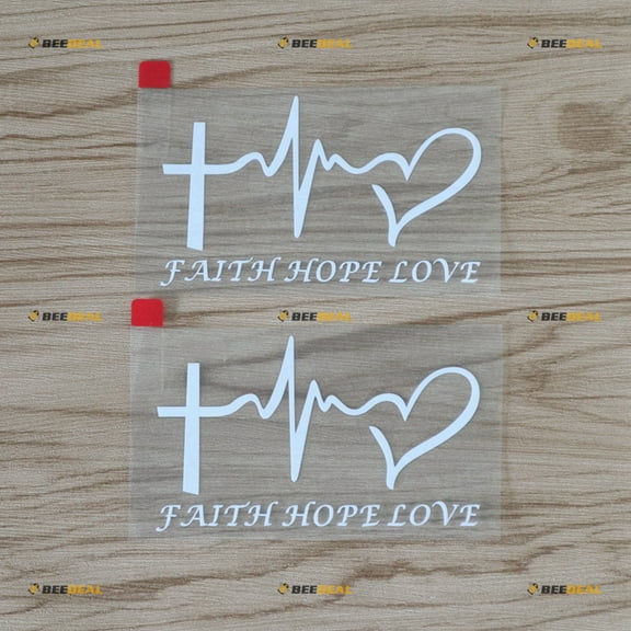 2X White 6" Faith Hope Love Decal Sticker Cross Heart Heatbeat Cross Car Vinyl
