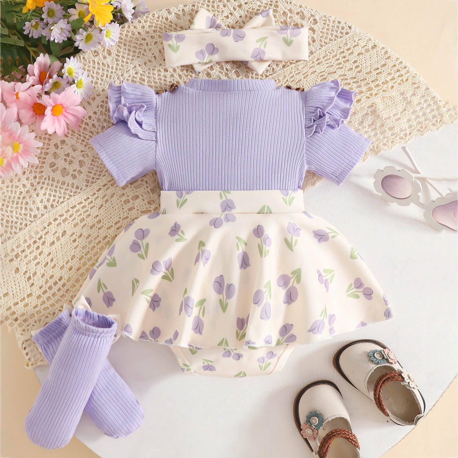 Faraee Baby Girl Summer Clothes Ruffle Romper Short Sleeve Bodysuit Bow Hairband Socks Newborn Infant Cute Outfits (6-9M,Purple)