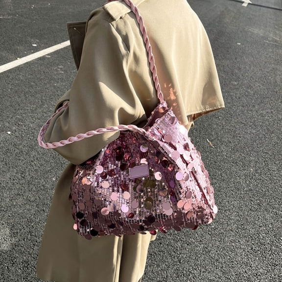 LACKUST Women's Pink Sparkle Sequin Evening Tote Bag with Braided Straps Large Capacity Glitter Shoulder Handbag Shiny Party Purse Casual Daily Shopping Bag