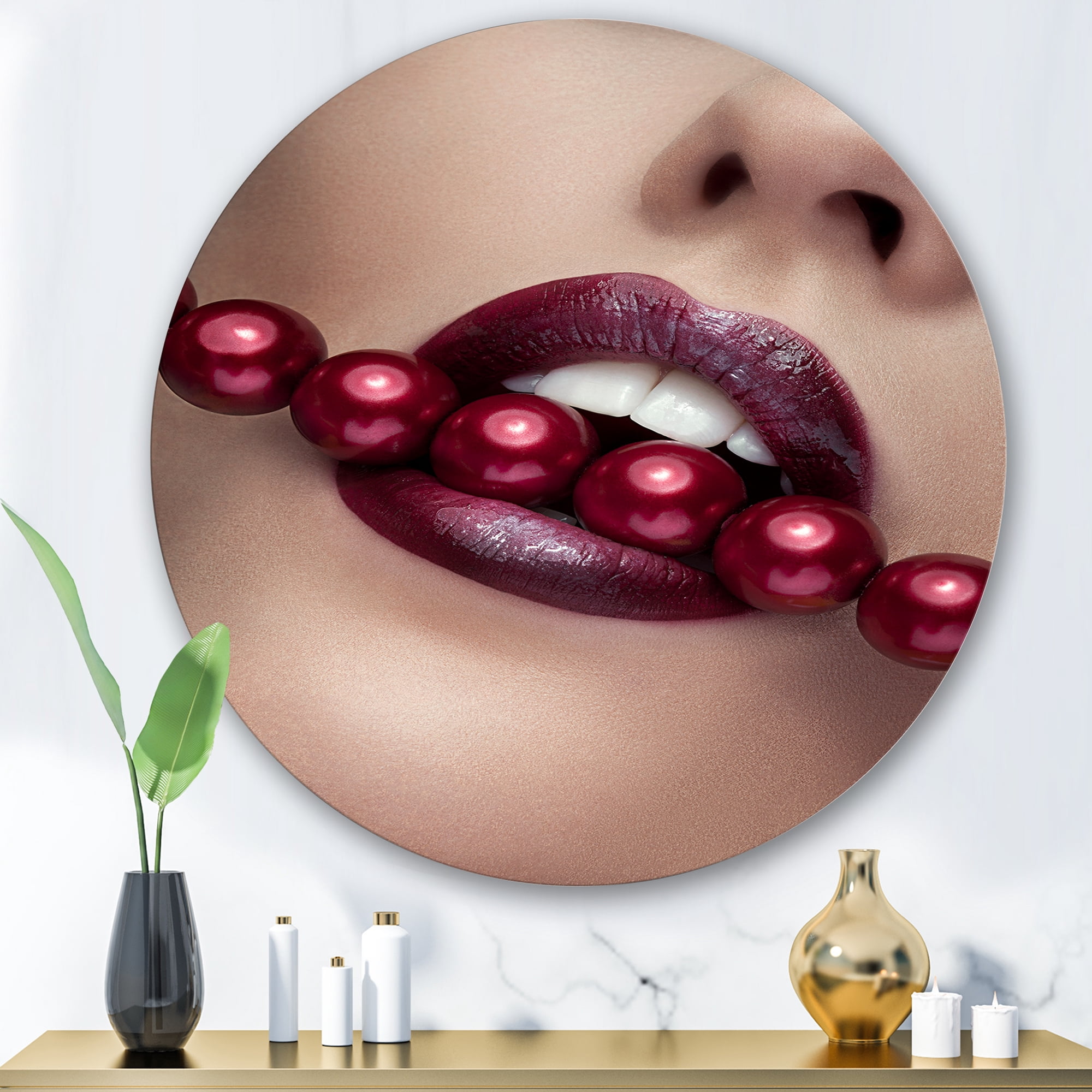Designart 'Girl Bitting With Red Lips With Red Pearls' Modern Circle Metal Wall Art 29x29 - Disc of 29