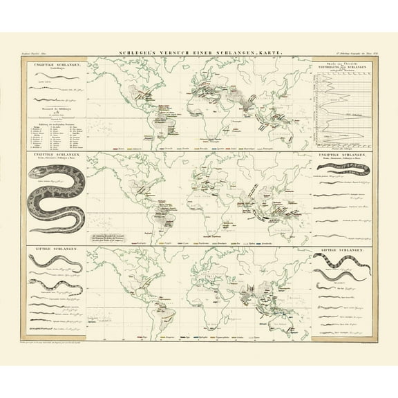 Historic Map - World Snakes - Berghaus - 27.44 x 23 - Vintage Wall Art