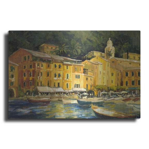 Luxe Metal Art 'Lake Como Hotel' by Allayn Stevens, Metal Wall Art, 16"x12"
