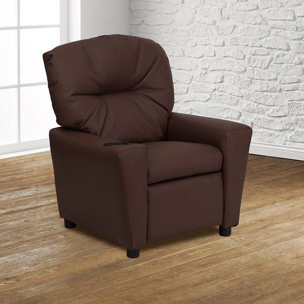 Brown LeatherSoft Kids Recliner with Cup Holder