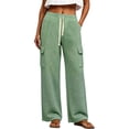 thumbnail image 3 of Women's Soft Wide Leg Cargo Sweatpants with Pockets, Elastic Drawstring Mid Waisted Casual Hiking Jogging Work Outdoor Pants for Women | UKHCCC,Green L, 3 of 9