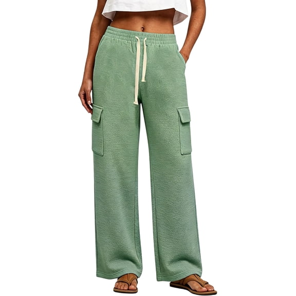 Hueook Petite Pants for Women Cargo Sweatpants Elastic Drawstring High Waist with Pockets Green S