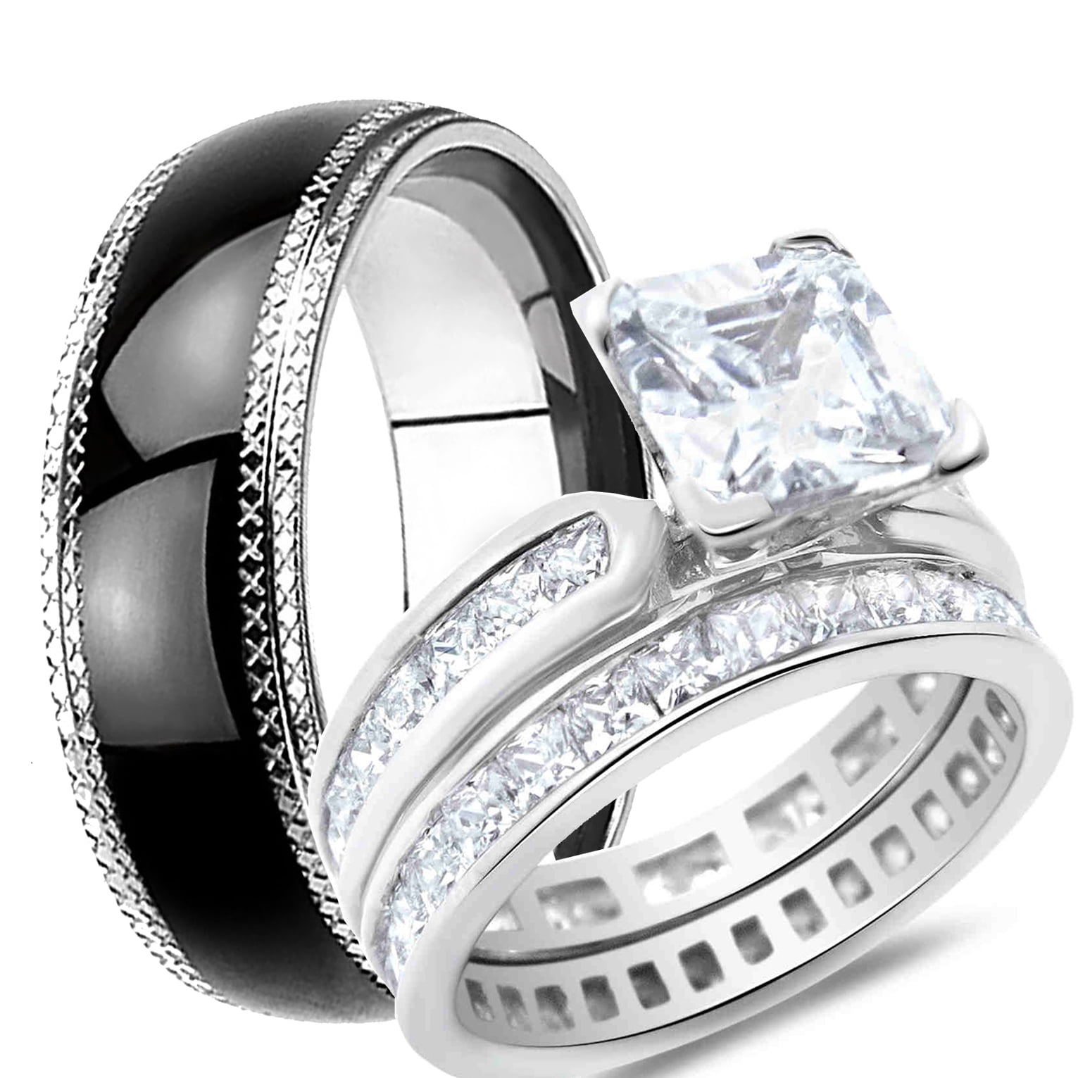 5ct 2pc Princess Cut Square Purple CZ Black Wedding Engagement Brida Ring Set 