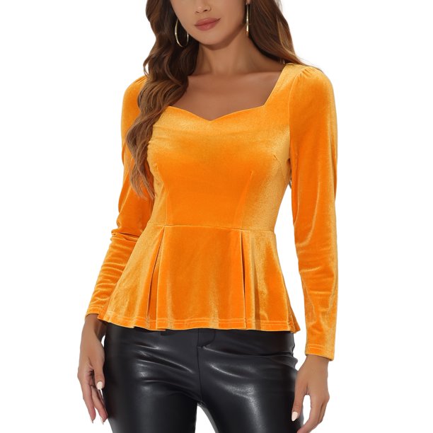 INSPIRAR CHIC Blusa de Mujer Elegante de Terciopelo con Escote Corazón de Manga Larga Top Peplum XL Amarillo