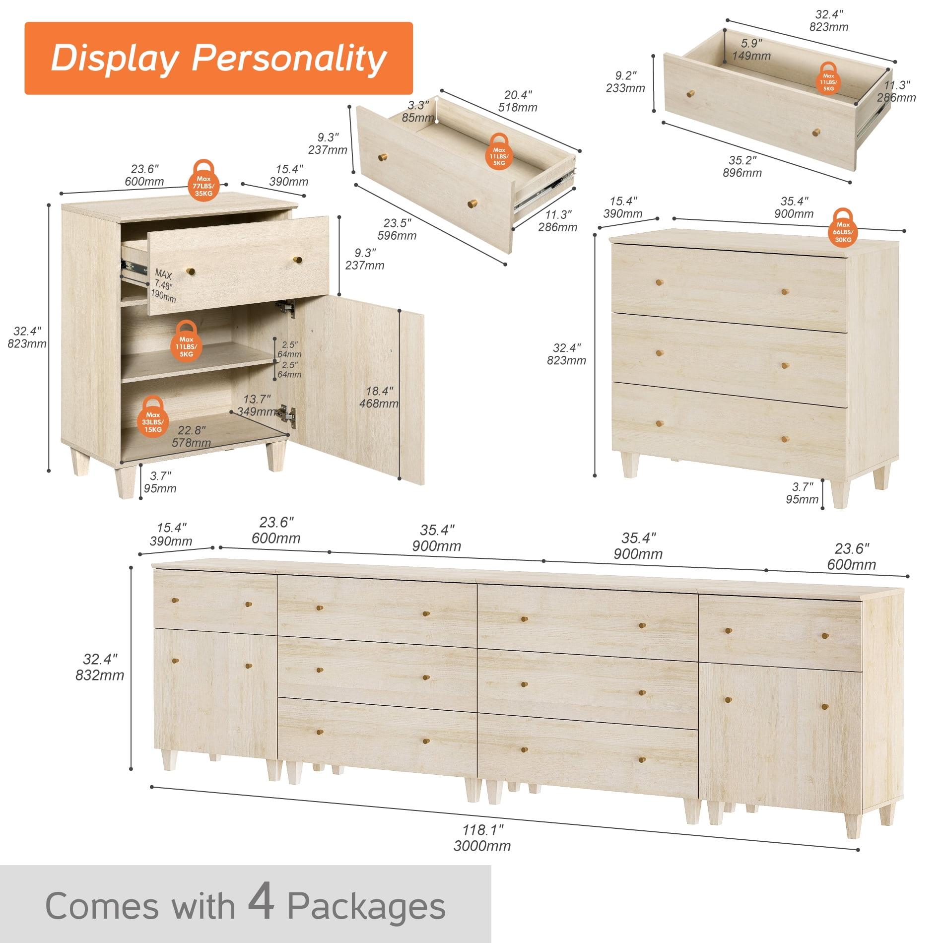 WAMPAT Wide Modern TV Stand for 110+ Inches TVs, 4-in-1 Large Wooden Media Console with 8 Spacious Drawers and 2 Storage Cabinets for Living Room, Light Oak