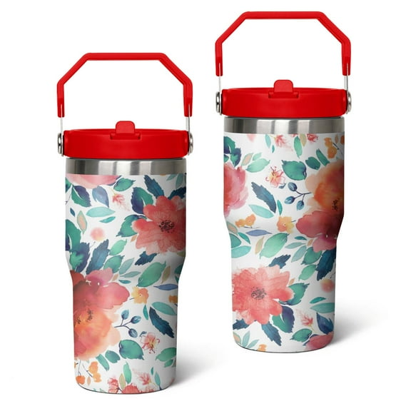 20oz Pioneer Stainless Steel Tumbler with Top Handle,Colorful Floral Travel Coffee Mug Flip Straw Cup,Gifts for Women Girls Men Adults