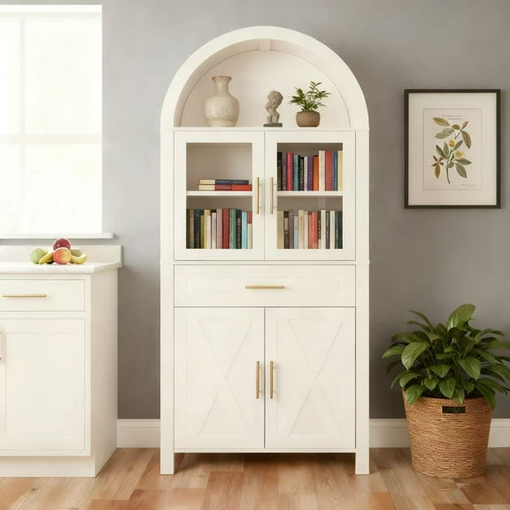 MINESTIA 71" Tall Arched Bookshelf,  Modern Farmhouse  Arch Bookcase with Glass Door & Adjustable Shelves Display Cabinet Book Shelf for Kitchen, Living, Dining Room