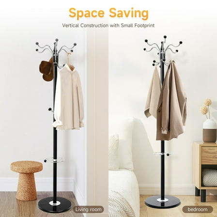 Freestanding Metal Tree Coat Rack Hall Hat Stand Black Clothes Hanging Hanger w/ Marble Base