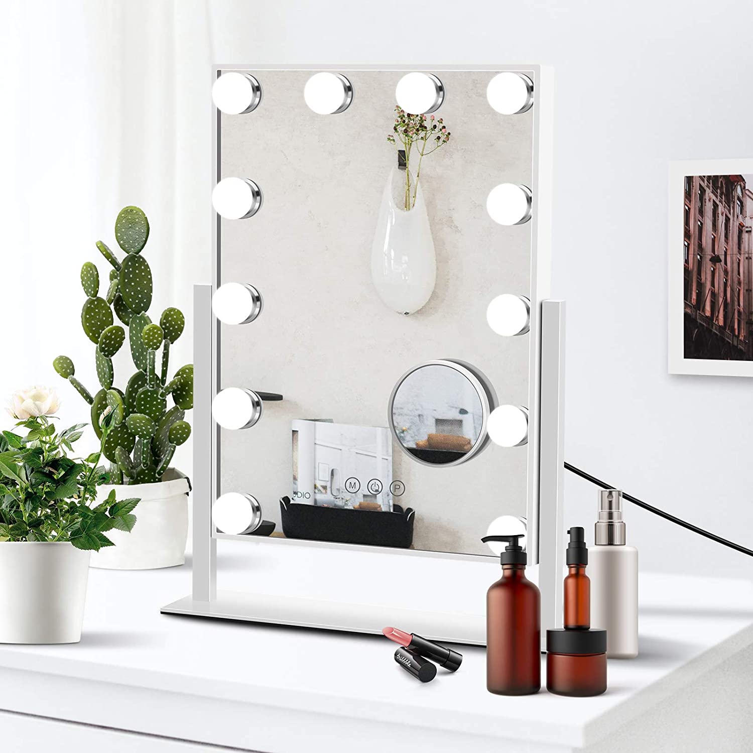 Vanity Mirror with Lights Hollywood Makeup Mirror Vanity Desk Mirror,Make-up  Mirror 12 Dimmable Bulbs and USB Charging,Smart Touch Control Colors  Dimmable,360°Rotation Removable 10x Magnification