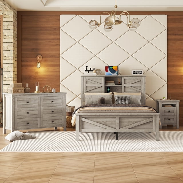 Ensembles de Chambre 3 Pcs Format Double Style Ferme, Lit Plateforme avec Tête de Lit à Double Porte Coulissante avec Rangement et Station de Recharge, Table de Nuit avec Rangement et Commode, Gris Antique