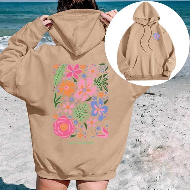 TINZ Chandail à Capuchon Imprimé Fleurs de Vacances/leisure & Slogan avec Cordon de Serrage Longue Veste d'Hiver Chandail en Molleton Femmes Robe Chandail à Capuchon Décontractée Tendance Femmes