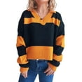 thumbnail image 2 of Women Fall V Neck Sweater Color Block Long Sleeve Shirt Casual Loose Striped Pullover Sweaters Orange S, 2 of 9
