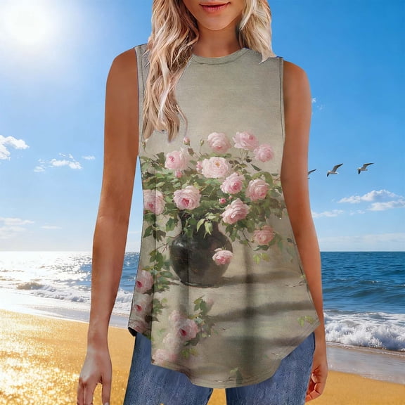 Inverlee Dressy Casual Rose Print Round Neck Tank Tops for Women Trendy Sleeveless Cami Shirts Summer Comfort Tunics Blouse