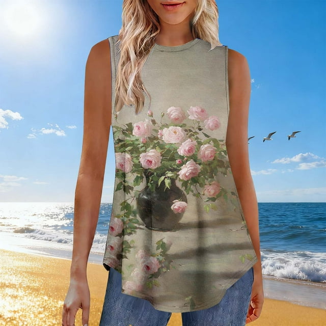 HOZADOIE Womens Tank Tops Colorful Print Sleeveless Color Block Crew Neck Loose Spring Summer Fashionable Versatile Daily Casual Comfortable Beach Resort Vacation Pullover Tunic Tops Blouse