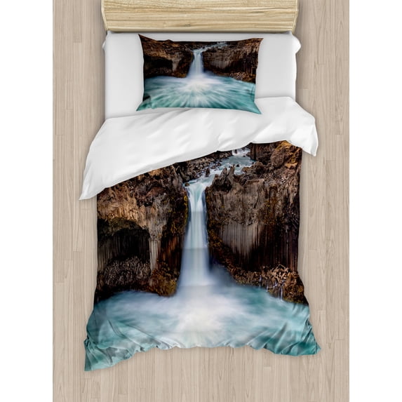 Iceland Duvet Cover Set Twin Size, Aldeyjarfoss in North Iceland Highland Nature, Decorative 2 Piece Bedding Set with 1 Pillow Sham, Dark Taupe Sea Blue, by Ambesonne