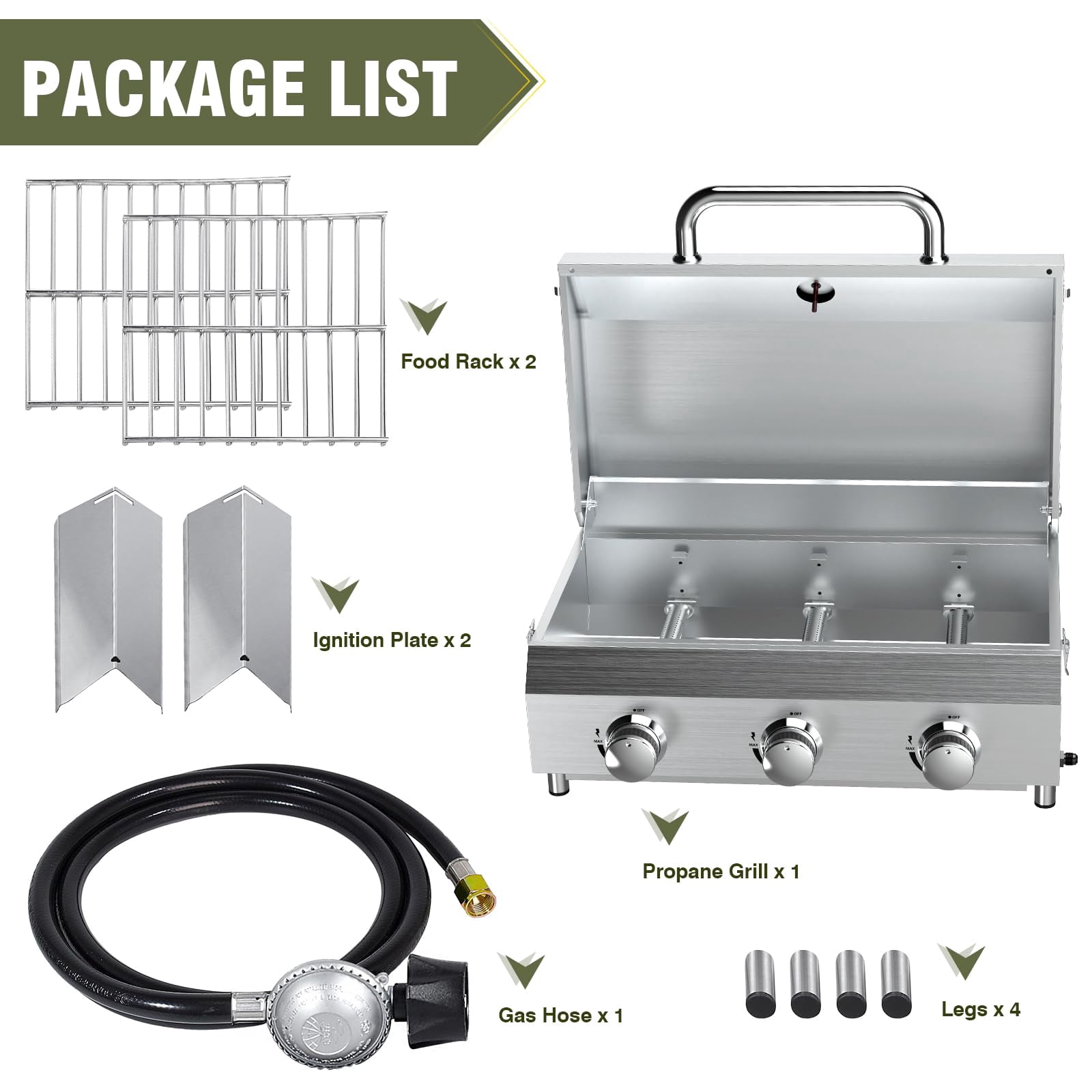 Frizi 3-Burner Tabletop Gas Grill, 30,000 BTU Portable Propane Grill - Heavy-Duty Thickened Grates & Stainless Steel Knobs
