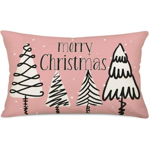 Merry Christmas Tree Throw Lumbar Pillow Covers 12x20 Inch Pink Farmhouse Christmas Snow Pillow Cases White Winter Holiday Outdoor Home Decor Cushion Cover for Couch, Cotton Linen