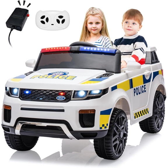 12V Electric Ride-On Police Car, Battery Powered Truck with Remote Control, Flashing Lights, LED Headlights, Spring Suspension, Music and 2-Speed Driving,White