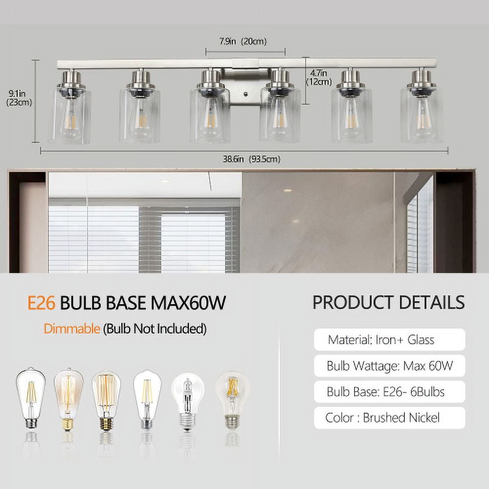 ACE-LIGHTS,Modern 6-Light Bathroom Vanity Light Fixture with Clear Glass Shades & Brushed Nickel Finish,Perfect for Bathroom,Dressing room,Living Room,Bedroom(Brushed Nickel)