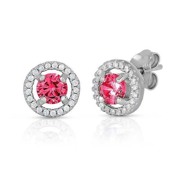 Tilo Jewelry 925 Sterling Silver Round Halo CZ Birthstone Pink Stud Earrings | Secure Push-Backs | July-Ruby | Women & Unisex