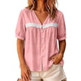thumbnail image 2 of LEKWK Linen Shirts for Women Lace Short Sleeve Button Down Shirt Loose Fit Casual V Neck Going Out Tops Summer Fashion Beach Vacation Clothes, 2 of 5