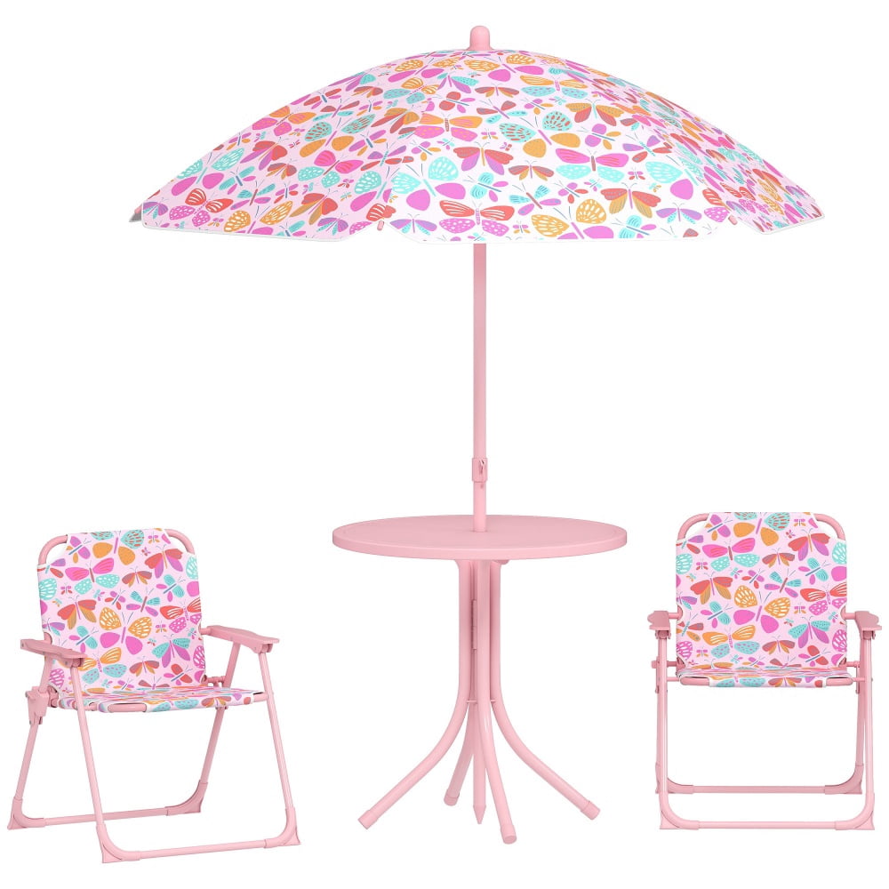 Pink Kids 4-Piece Outdoor Set (Table + 2 Chairs + Umbrella) - Butterfly Design, Foldable & Safe for 2-5 Years Old
