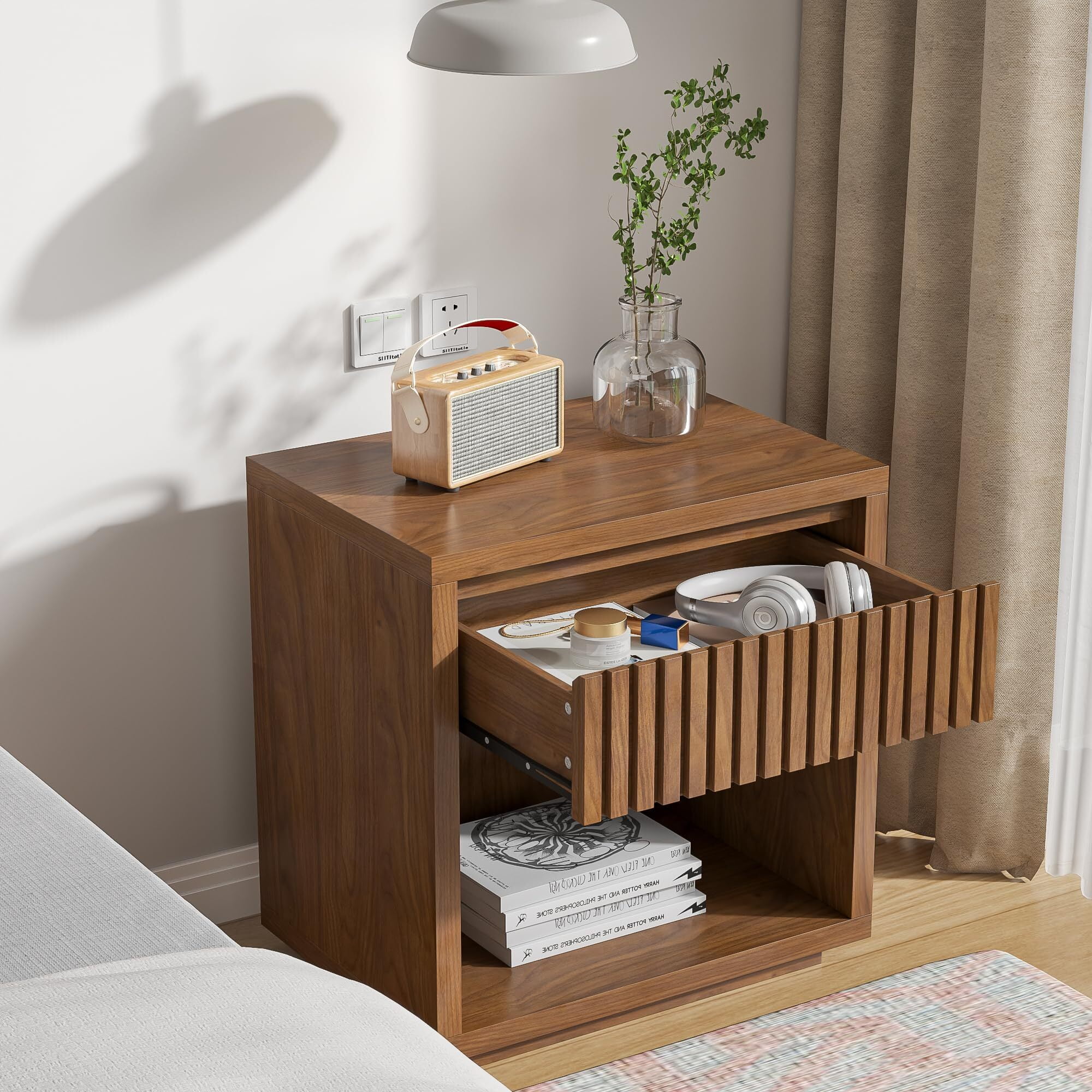 Fluted Nightstand with Drawer Storage, Mid Century Bedside End Table for Bedroom, Walnut, 1 pcs