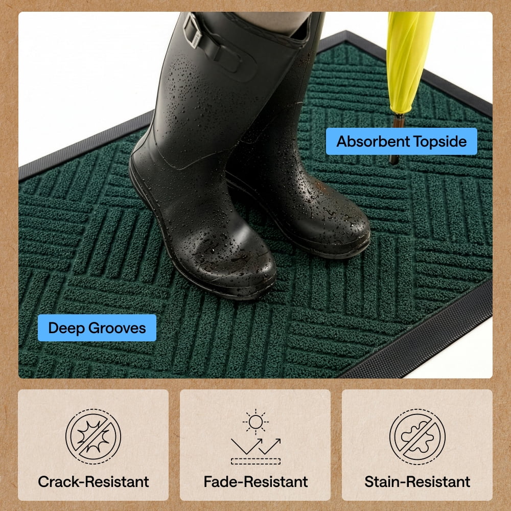 GORILLA GRIP Outside Doormat, WeatherMax Waterproof Indoor Outdoor Door Mat, 29x17 Green Diamond