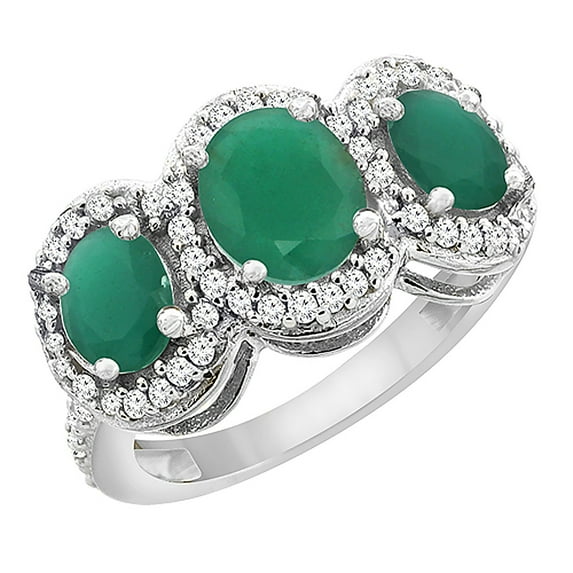 10K White Gold Natural Emerald 3-Stone Ring Oval Diamond Accent, size 6.5