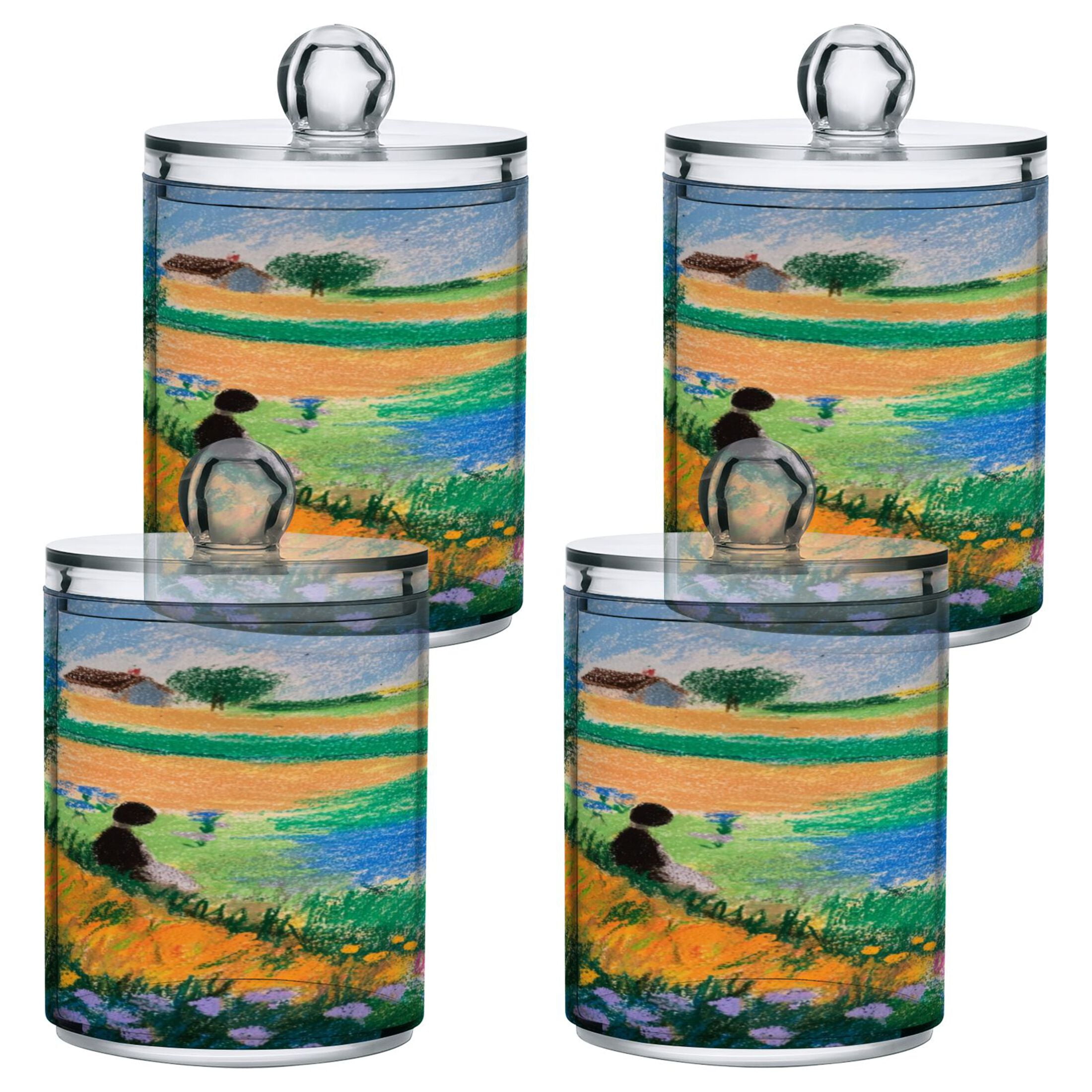 Iauyy 4 pack Transparent Floss Storage Container - Sealed Cotton Pad Can with PS Plastic Lid Dust-Proof for Bathroom Dressing Table,Paintings Drawn with Crayons