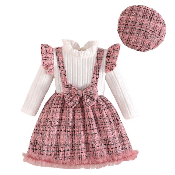 Mnyotv Long Sleeve Dress for Girls with Beret Hats Christmas Sweater Dresses Two Piece Set Toddler Winter Outfits Size 9-12Months