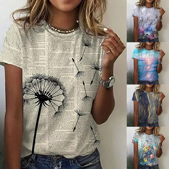 QHWAUAKFBN Womens T Shirts Graphic Shirt Short Sleeve Flower Printed Round Neck Elegant Loose Soft Blouse Tshirts Top