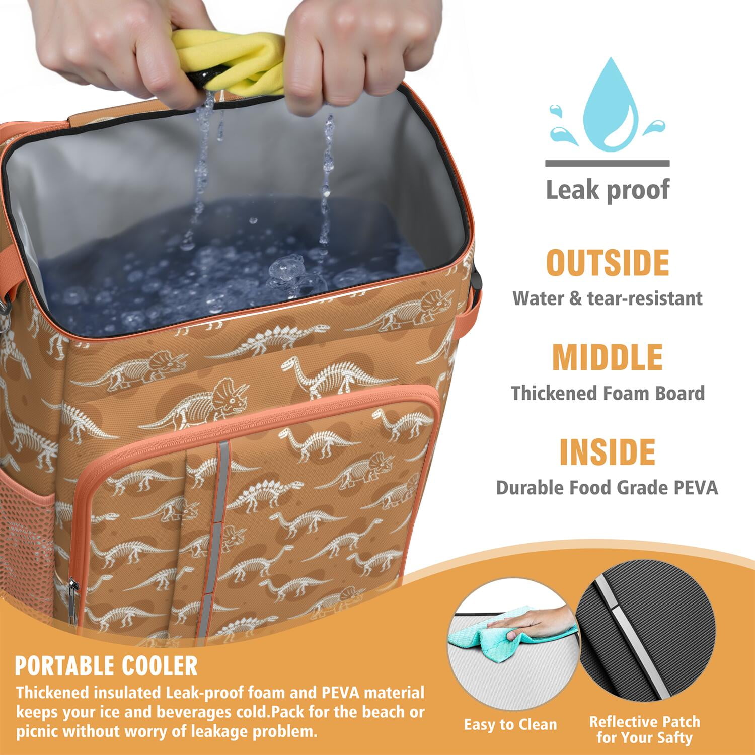 Travel Cooler Bag - Brown Cartoon Dinosaurs Skeletons Pattern Camping Beer Cooler Backpack with Bottle Opener- Waterproof Insulated Picnic Backpacks - Cooler Bag for Beach