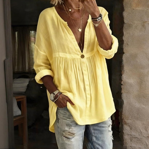 Women's Henley V Neck Linen Blouse Boho Solid Long Sleeve Loose Tunic Tops Casual Comfy Shirt for Summer Vacation Yellow L