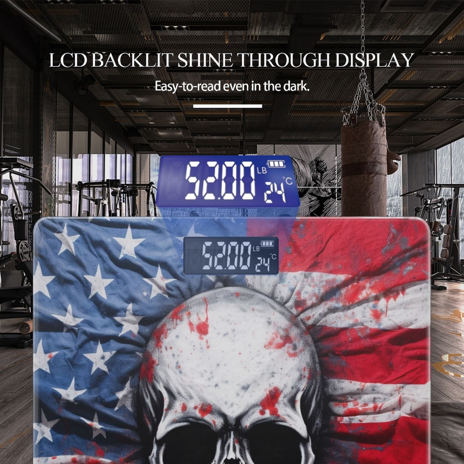 High Precision Body Weight Scale Smart Bathroom Scales with Large LCD Display(400lbs),Decorative for Bedroom-Skull Painted On American Flag Background