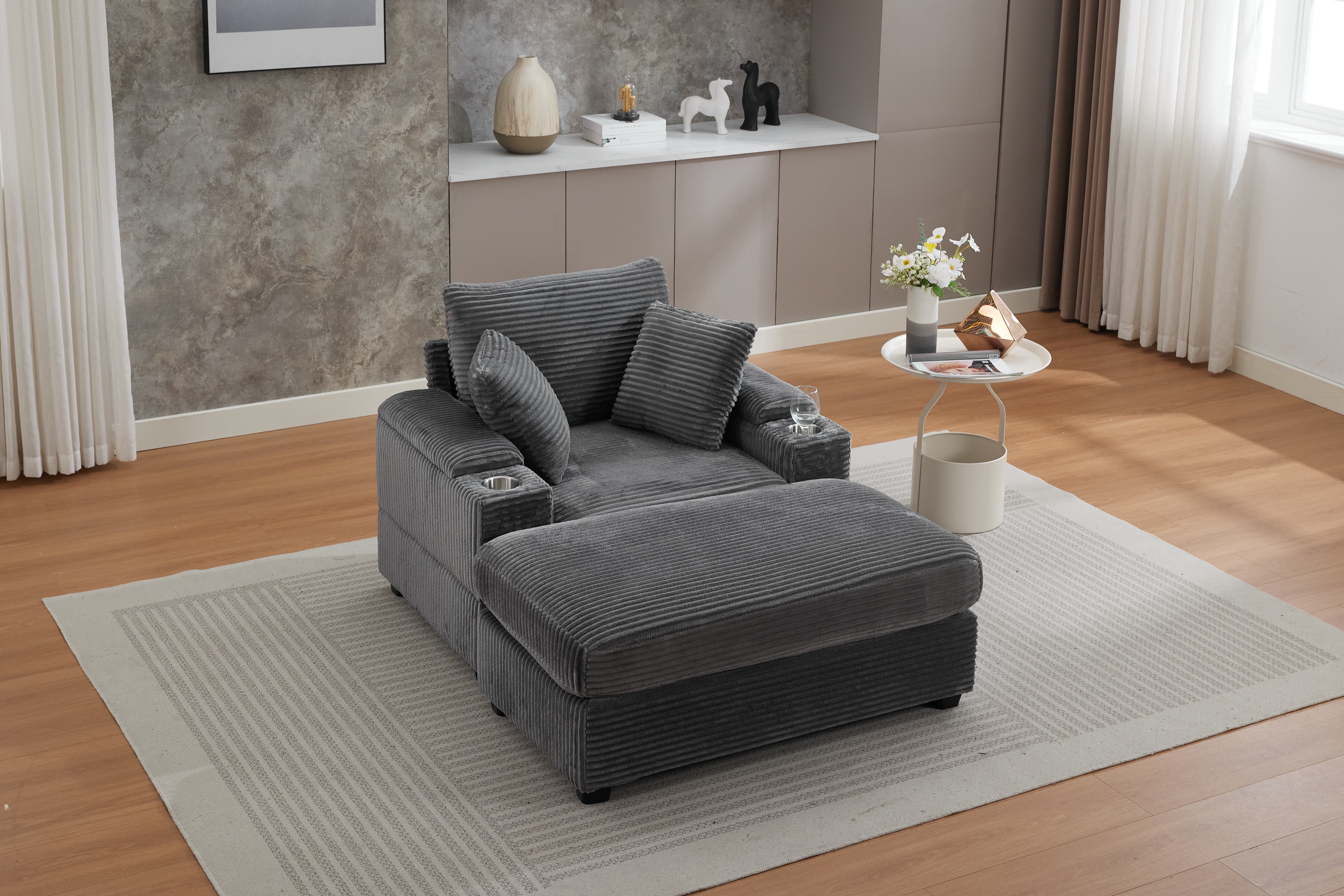 Chaise Lounge Chair Indoor Furniture, Corduroy Upholstered Chaise Lounge Sofa, Deep Seat Sofa with Handrail storage and Cupholders, Movable ottoman, Detachable Cushions for Living Room Bedroom,Grey