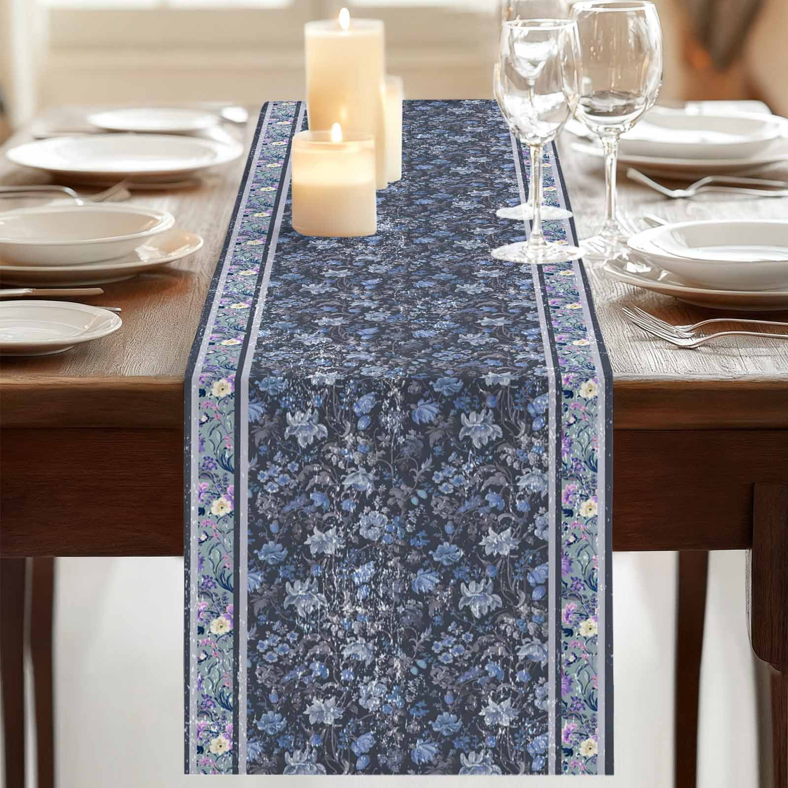 Table Runners 90 Inches Long Dress Scarves, Navy Blue Floral Farmhouse Coffee/Dining/Kitchen Table Runner for Living Room, Ethnic Tribe Abstract Art Flowers 13x90 Inch