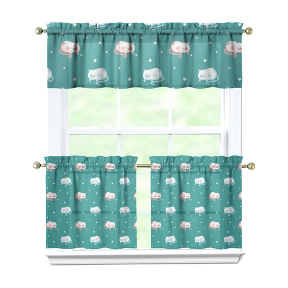 Kitchen Curtains 24 Inch Short - 3 Panel Set with Cute Cat Paw Pattern, Rod Pocket Window Curtain, 100% Polyester for Pet Lovers Farmhouse, Cafe, Kitchen, Bedroom, Easy Wash