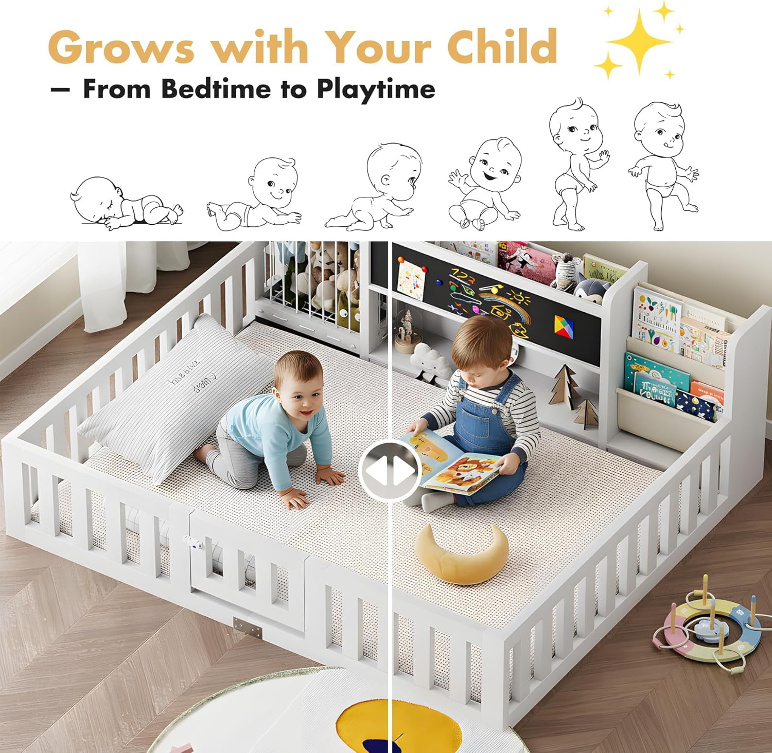 Advwin Twin Floor Bed with  Gate, Safety Rails, Blackboard, Bookshelf & Toy Storage, Sturdy Wooden Platform Bed Frame, White