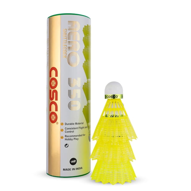 Cosco Aero 350 Nylon Badminton Shuttlecocks , Pack Of 6 | Yellow , Proudly Made In India , Base Material - Recycled Cork