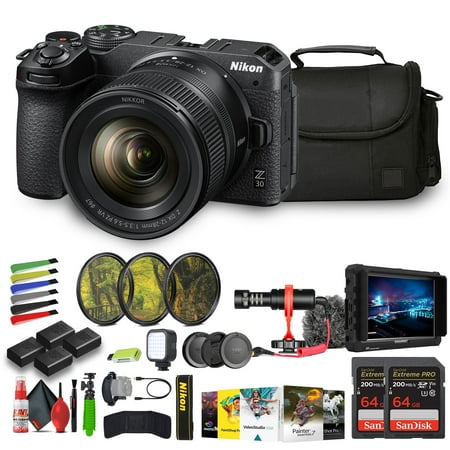 Nikon Z30 Lightweight Mirrorless Camera with 12-28mm Zoom Lens + 3x ENEL25 Replacement + 2x Extreme PRO 64GB Card+ UV Lens Filter+ Photo Editing Software + Mic+ External Monitor + More