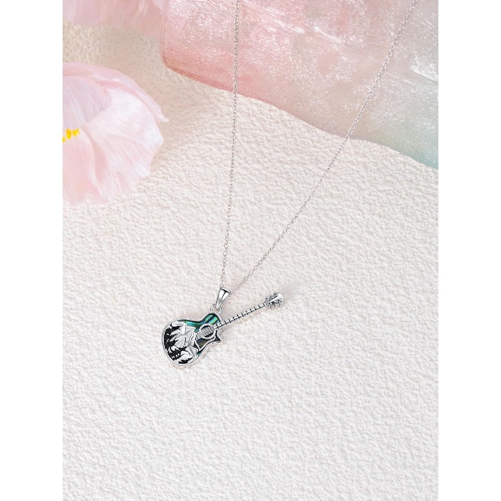 CACA LADY Guitar Necklace Mountain Necklace Sterling Silver Abalone Guitar Pendant Gifts for Guitar Holder Guitar with Music Note Pendant Jewelry Guitar Gift for Guitar Players Lovers Music Jewelry f