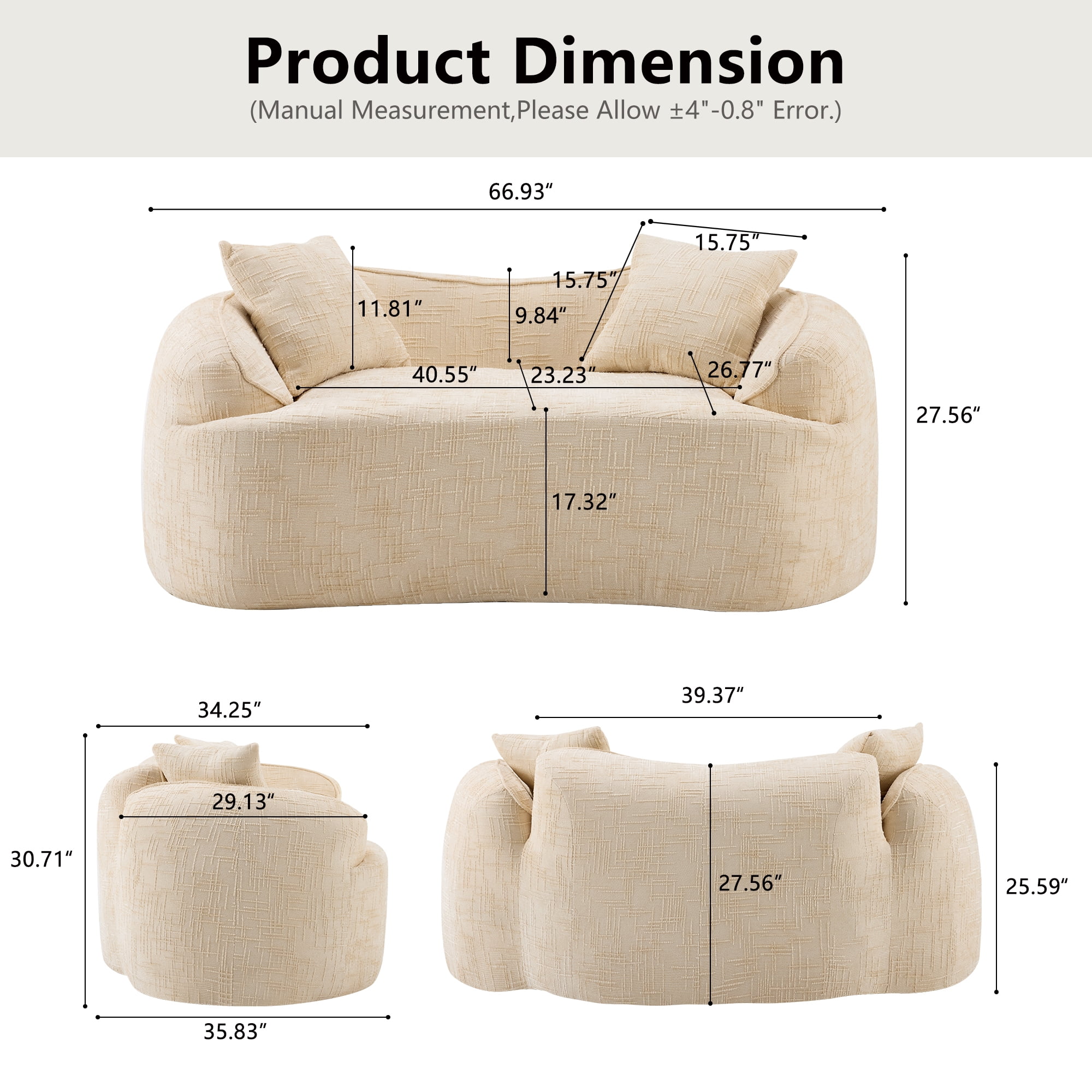 Curved Loveseat, Beige Compress Chenille Sofa with Two Pillows and Armrests, Foam Spring 2-Seater for Small Apartment Living Room or Bedroom, 67-Inch