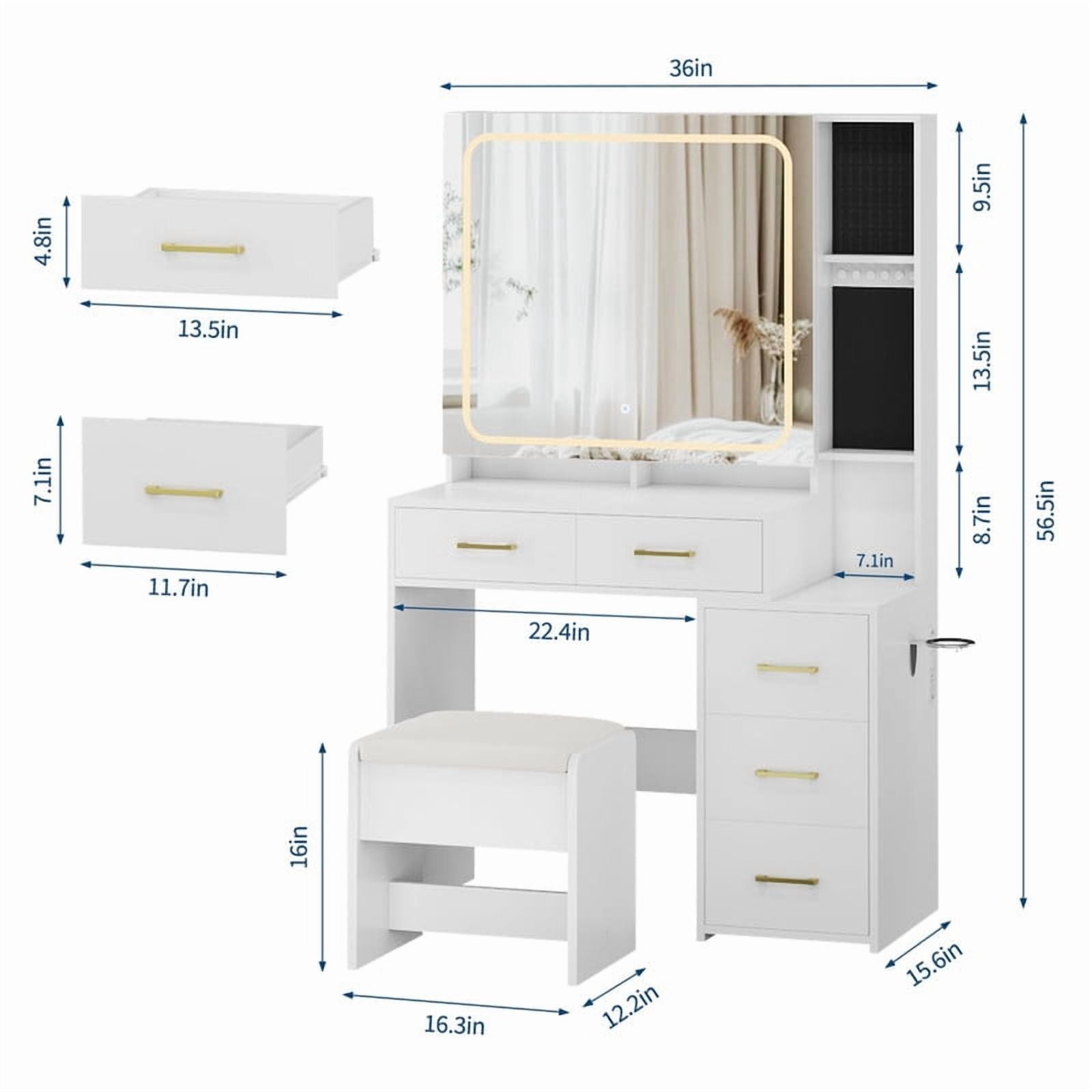 TROPOW Makeup Vanity Set with Mirror and Lights, Vanity Desk with 5 Drawers, Stool & Power Outlet, 3-Color Lighting Modes with Adjustable Brightness for Bedroom Dressing Table,White