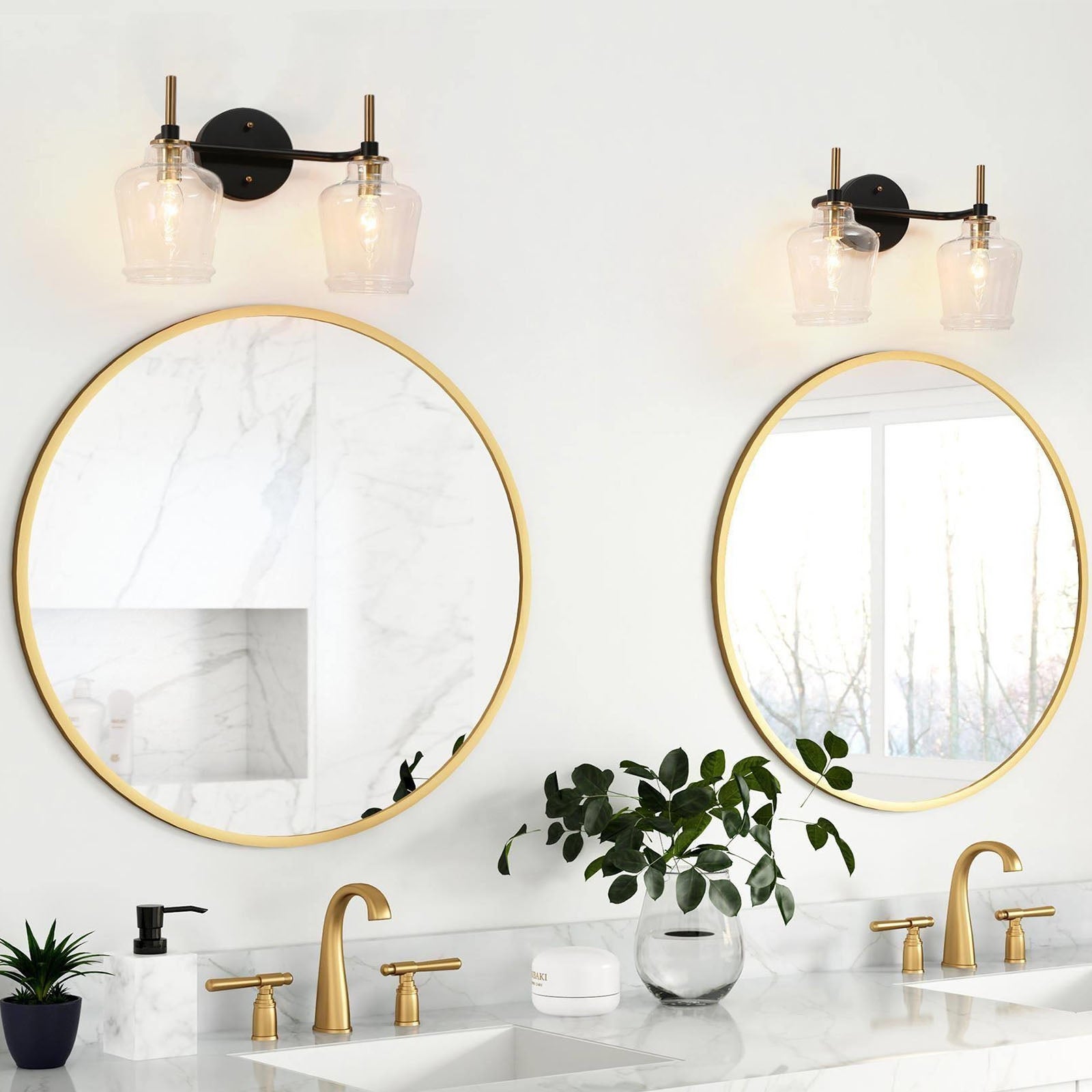 Modern 2Light Black Gold Bathroom Vanity Light Dimmable Wine Glass