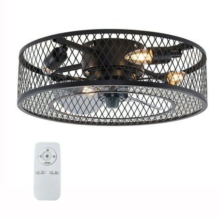 

Oukaning 18 Round Ceiling Fan with Light Grid Cage Fan Pendant Light with Timer Remote for Living Room Bedroom